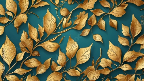 Vector line art background with golden leaves. elegant gold abstract wall covering in shades of tidewater green and blue. Print design, fabric design, cover design, and home décor design. vector artwo photo