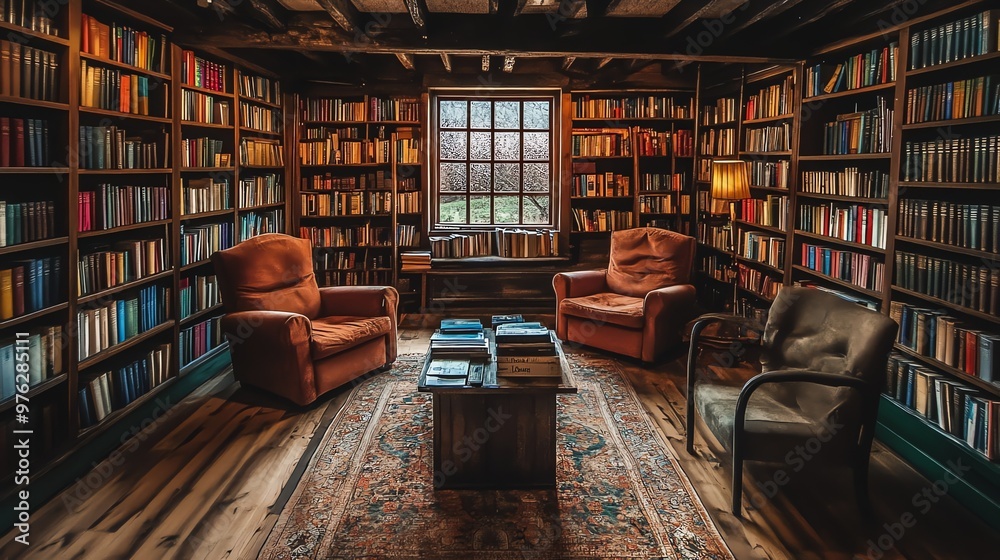 A cozy library with floor-to-ceiling bookshelves, plush armchairs, and a warm, inviting atmosphere. A cozy library with floor-to-ceiling bookshelves, plush armchairs, and a warm, inviting atmosphere.