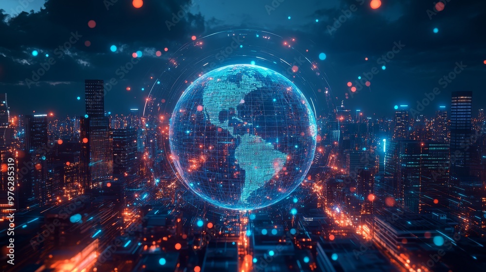 Obraz premium This uniquely AIgenerated artwork presents a captivating abstract globe, specifically emphasizing North America. It features a vibrant digital network overlay that intricately connects regions