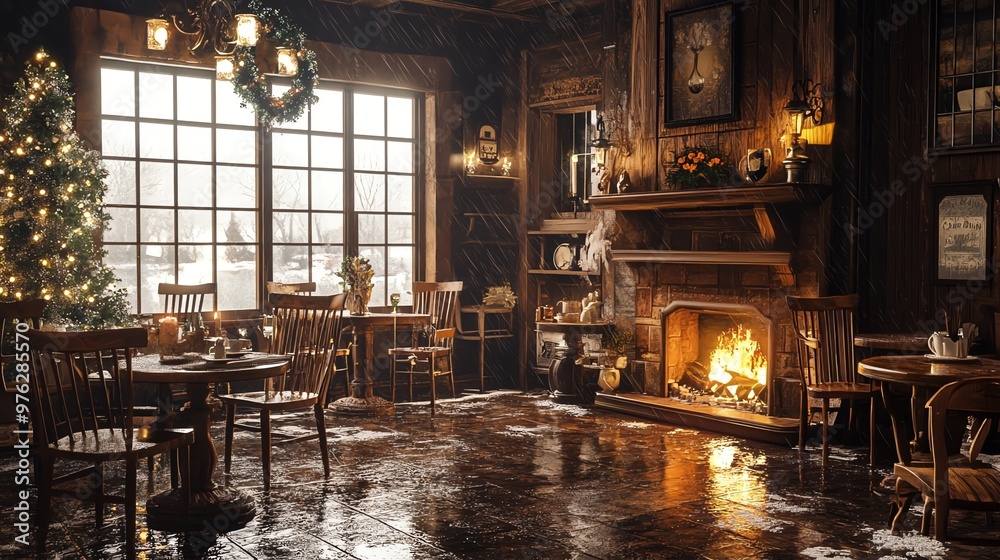 Cozy wooden cabin with fireplace lit and a snowy winter scene outside the window. Cozy wooden cabin with fireplace lit and a snowy winter scene outside the window.