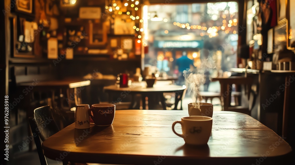 Close-up of three coffee mugs on a wooden table in a cozy cafe. Close-up of three coffee mugs on a wooden table in a cozy cafe.