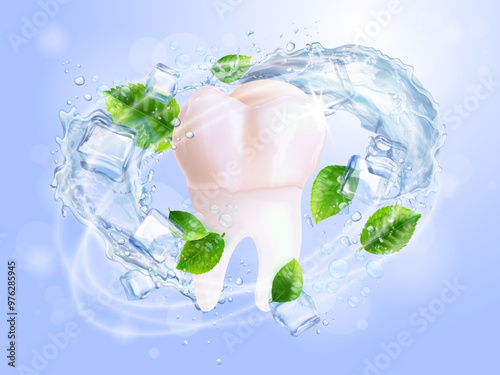 Ice mint teeth. Realistic tooth oral hygiene protection, fresh mint cool breath crystal whitening mouth care clinical product dental advertisement, 3d exact vector illustration