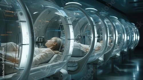 Team of astronauts in hypersleep anabiosis chamber aboard the orbital station. A crew of cosmonauts in hibernation. People in space. Galactic travel and science concept. photo