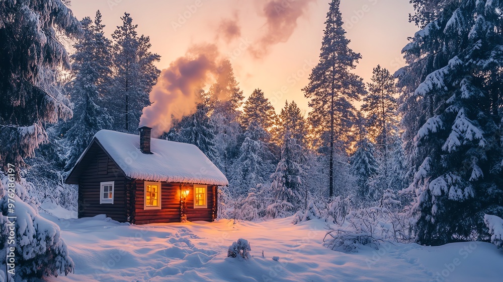 A cozy cabin nestled in a snowy forest at sunset, smoke billowing from its chimney. A cozy cabin nestled in a snowy forest at sunset, smoke billowing from its chimney.
