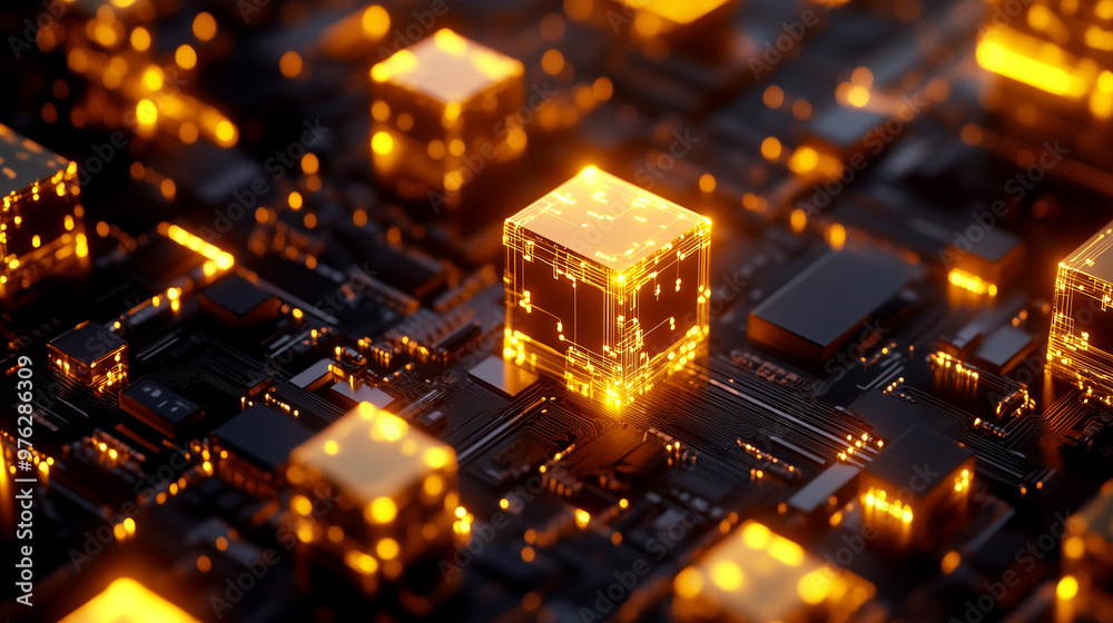 A close-up view of 3D crystal gold microprocessor AI computer chip illuminated on a circuit board. Generative AI A close-up view of 3D crystal gold microprocessor AI computer chip illuminated on a circuit board. Generative AI