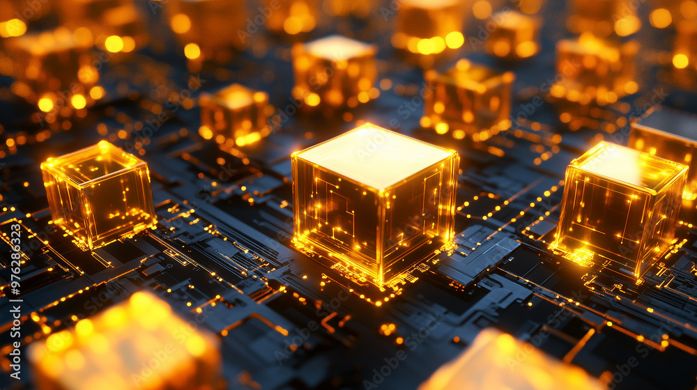 A close-up view of 3D crystal gold microprocessor AI computer chip illuminated on a circuit board. Generative AI A close-up view of 3D crystal gold microprocessor AI computer chip illuminated on a circuit board. Generative AI