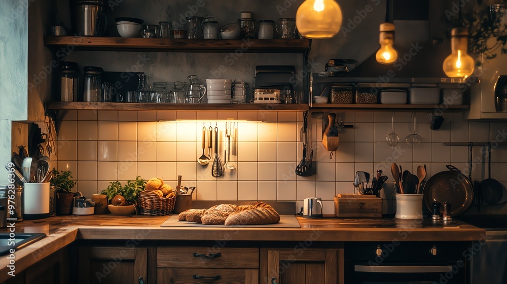 Rustic kitchen with wooden cabinets, a tiled backsplash, and a loaf of bread on the counter. Rustic kitchen with wooden cabinets, a tiled backsplash, and a loaf of bread on the counter.