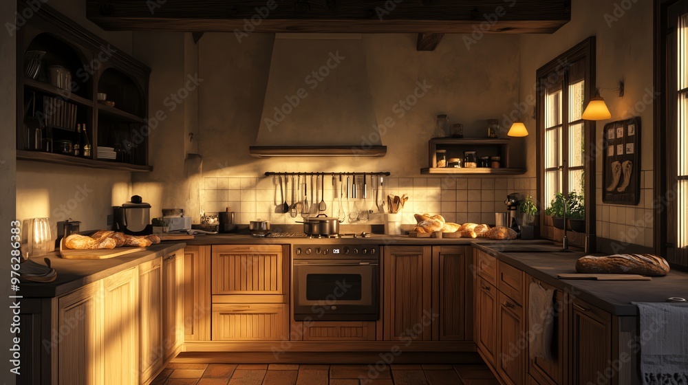 A rustic kitchen with wooden cabinets and a window overlooking a forest. A rustic kitchen with wooden cabinets and a window overlooking a forest.