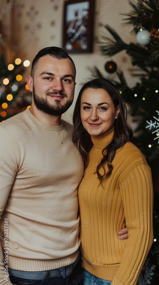 A happy couple embraces in their warm home, surrounded by festive decorations and holiday cheer A happy couple embraces in their warm home, surrounded by festive decorations and holiday cheer