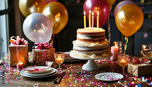 Elegant birthday celebration with multi-tier cake, pastel balloons, and wrapped gifts on a confetti-strewn table