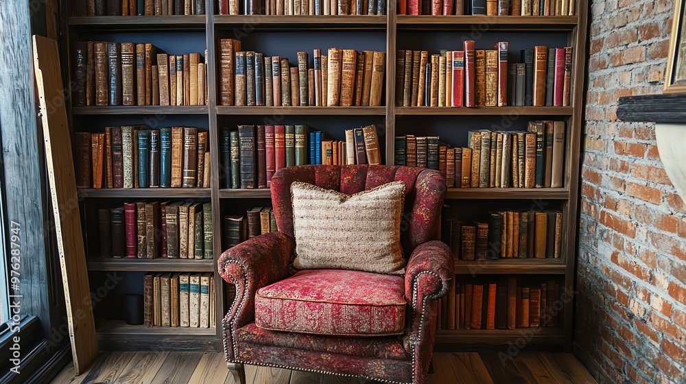A red armchair with a cozy pillow sits in front of a bookshelf filled with books. A red armchair with a cozy pillow sits in front of a bookshelf filled with books.