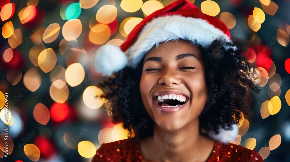 A cheerful Black woman in festive attire enjoys the holiday spirit surrounded by lights A cheerful Black woman in festive attire enjoys the holiday spirit surrounded by lights