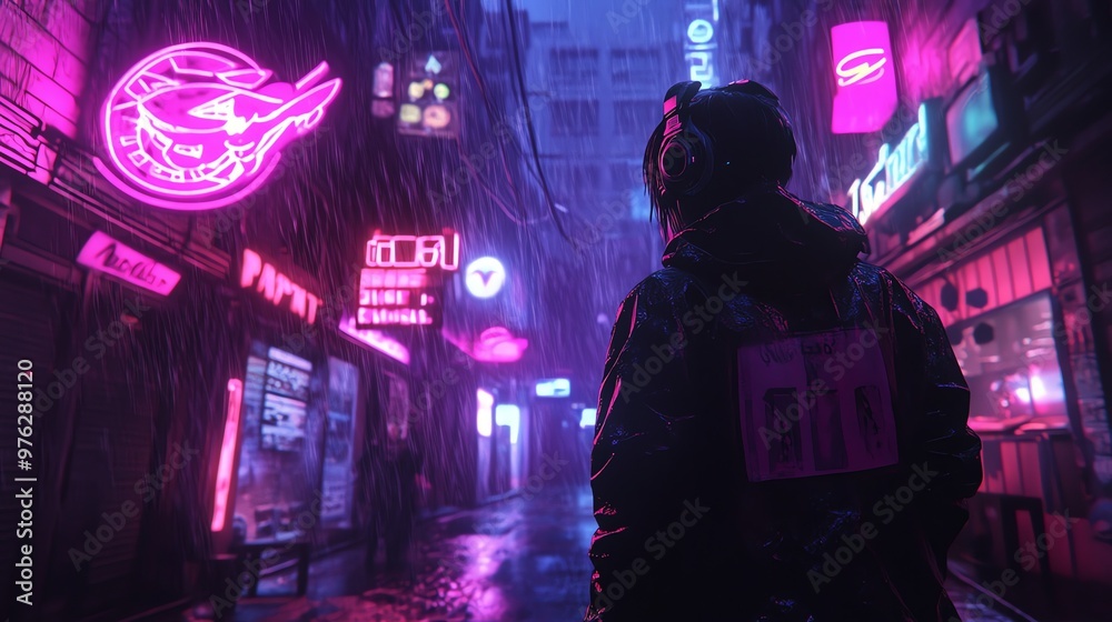 A lone figure walks down a rainy city street at night, neon lights reflecting on the wet pavement. A lone figure walks down a rainy city street at night, neon lights reflecting on the wet pavement.