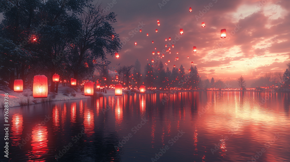 A serene lakeside scene at dusk where people release glowing red lanterns into the sky and onto the water, symbolizing peace and harmony during the winter solstice. A serene lakeside scene at dusk where people release glowing red lanterns into the sky and onto the water, symbolizing peace and harmony during the winter solstice.