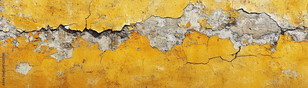Obraz premium A distressed yellow beton wall with prominent cracks running through it, the paint faded and flaking, offering a raw, industrial texture perfect for backgrounds or grunge-themed designs. watercolor