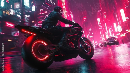 A futuristic motorcycle rides through a neon-lit city in the rain. photo