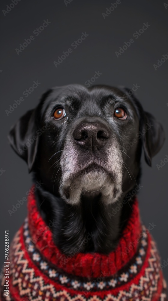 A black dog gazes warmly while wearing a festive Christmas sweater against a studio backdrop A black dog gazes warmly while wearing a festive Christmas sweater against a studio backdrop