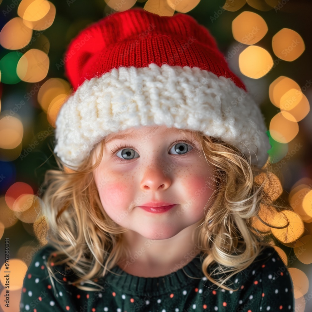 A cheerful child dressed for Christmas, radiating joy in a festive setting with twinkling lights A cheerful child dressed for Christmas, radiating joy in a festive setting with twinkling lights