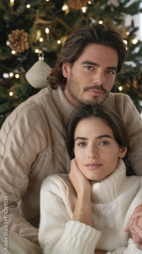 The couple snuggles closely, surrounded by the festive glow of Christmas lights and decorations