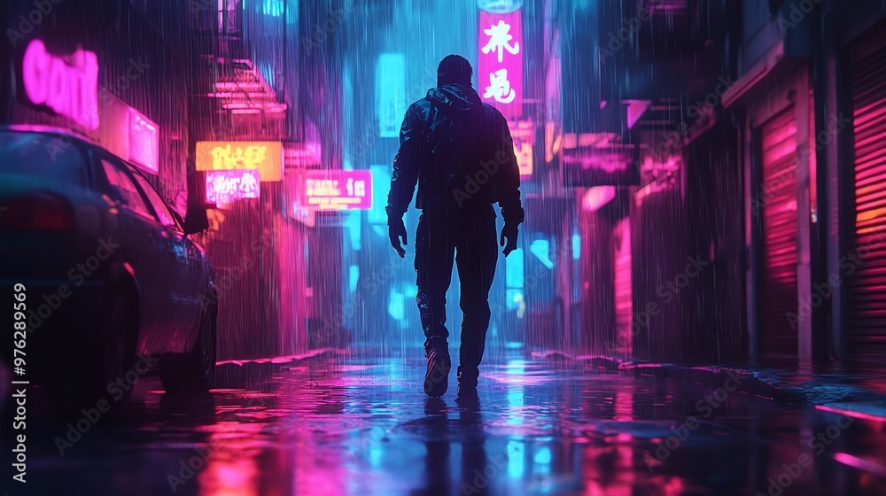 Silhouette of man walking down a neon-lit, rainy city street. Silhouette of man walking down a neon-lit, rainy city street.