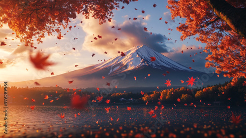 Colorful autumn leaves falling in the park with Mount Fuji in the background photo