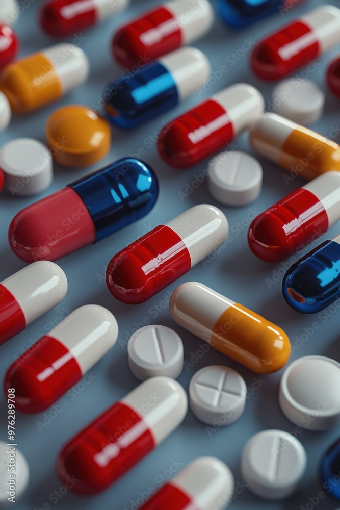 3D rendering of various colorful pills and tablets on a blue background, showcasing diverse pharmaceutical medication options 3D rendering of various colorful pills and tablets on a blue background, showcasing diverse pharmaceutical medication options