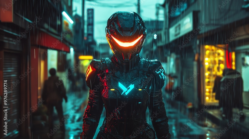 A futuristic soldier stands in the rain on a dark, neon-lit city street. A futuristic soldier stands in the rain on a dark, neon-lit city street.