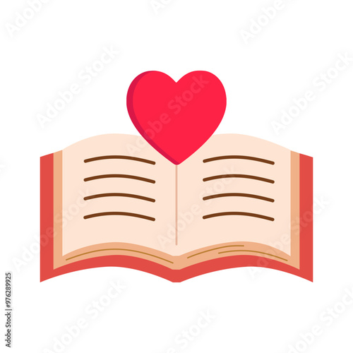 Open book with heart. Reading, education, book lover, school learning, knowledge, hobby, leisure concepts. Flat vector design illustration isolated on background.