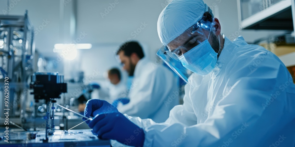 A lab scientist in full protective gear is deeply focused on research in a high-tech laboratory, symbolizing dedication to science and the pursuit of innovation and knowledge. A lab scientist in full protective gear is deeply focused on research in a high-tech laboratory, symbolizing dedication to science and the pursuit of innovation and knowledge.