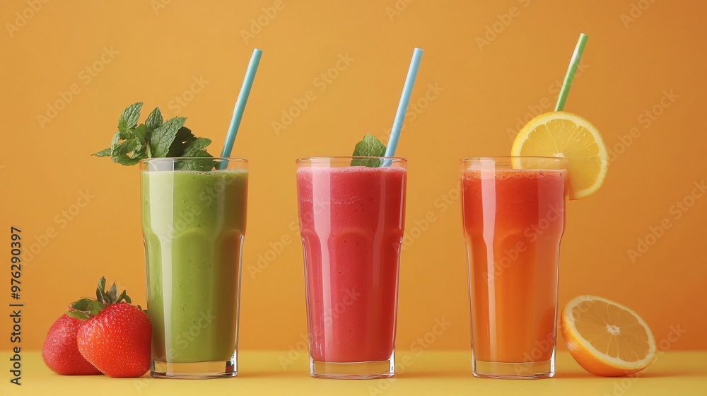 Three glasses of colorful smoothies on yellow background. Three glasses of colorful smoothies on yellow background.