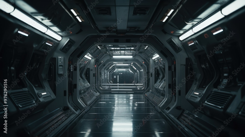 Obraz premium Spaceship in the Universe, spacecraft flying in deep space. Orbital station interior. Future scientific vessel technology, space travel.