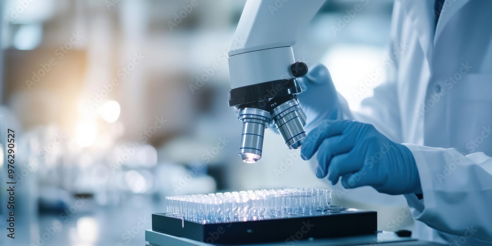 A scientist in a modern lab setting carefully examines slides with a microscope, emphasizing the precise work and dedication involved in scientific research and discoveries. A scientist in a modern lab setting carefully examines slides with a microscope, emphasizing the precise work and dedication involved in scientific research and discoveries.