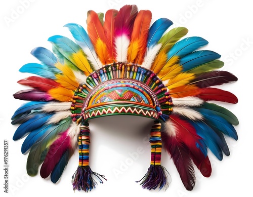 A traditional Inti Raymi festival headdress with feathers and intricate Inca designs on a white background photo