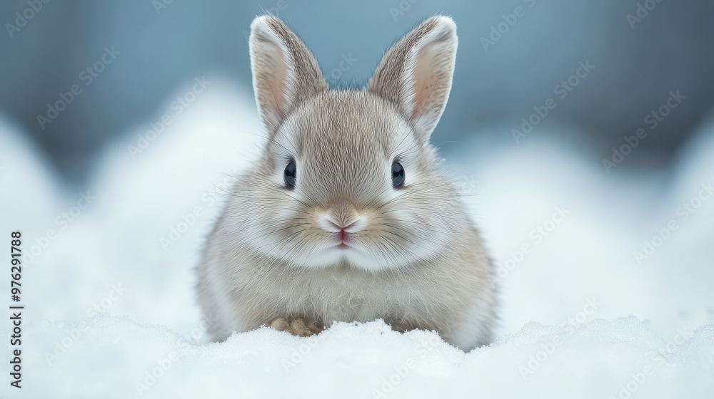 Adorable Light Grey Baby Bunny with Small Ears Sitting in Snowy White Background, Winter Pet Concept, Front View Adorable Light Grey Baby Bunny with Small Ears Sitting in Snowy White Background, Winter Pet Concept, Front View