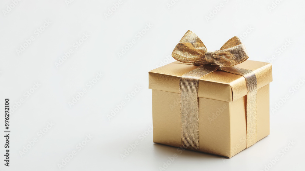 Real gold gift box with a ribbon on a blank white background, perfect for distinctive gift sets. Real gold gift box with a ribbon on a blank white background, perfect for distinctive gift sets.