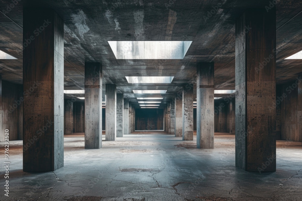 A simple, modern room with concrete pillars and natural light from above A simple, modern room with concrete pillars and natural light from above