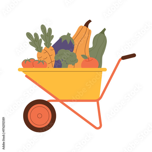 Garden wheelbarrow with autumn harvest. Vector illustration for seasonal designs, harvest festival themes, and fall themed projects