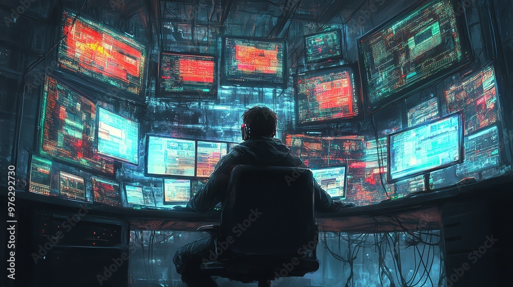 Hacker working in a dark room with multiple monitors. Hacker working in a dark room with multiple monitors.