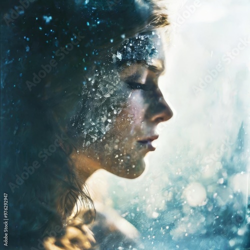 A side-profile portrait of a woman with her face partially overlaid by an abstract icy texture. The soft light bokeh adds depth and creates an ethereal, dreamlike atmosphere.