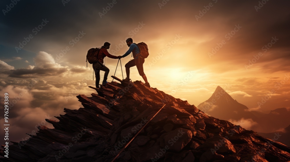Fototapeta premium Group of hikers at sunset mountain. Young people on mountain hike at sunrise. They holding hands and helping each other. The concept of support and business. Ai-generated.