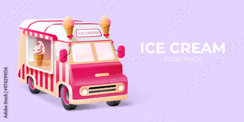 Ice cream truck. Icecream realistic 3d car van driving shop, summer candy frozen sweets fast food vehicle in california machine cafe cute bus, render exact vector illustration