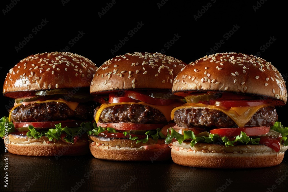 Three burgers sitting on a table, ready to be served Three burgers sitting on a table, ready to be served