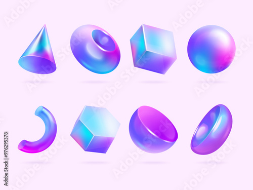Realistic holographic shapes. 3d figure hologram rainbow prism reflection, abstract trendy geometric gradient shape futuristic sphere cube form render, exact vector illustration