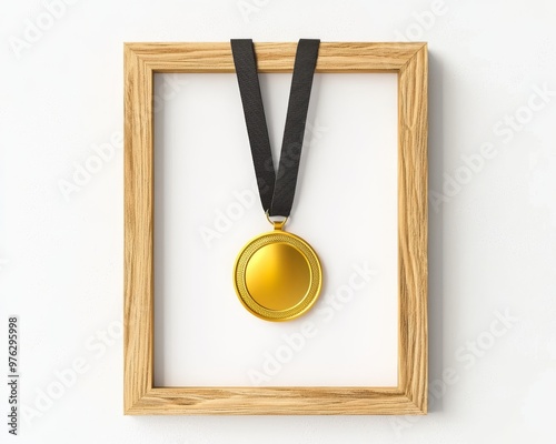 3D illustration of a medal display frame shadow box with apertures for displaying a medal and a photo. photo