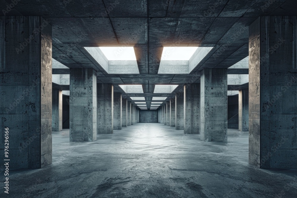 A simple, empty room with concrete columns and skylights A simple, empty room with concrete columns and skylights