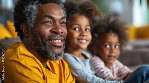 Create a scene of a family watching a documentary together, with a focus on their engaged expressions and interest in the content.