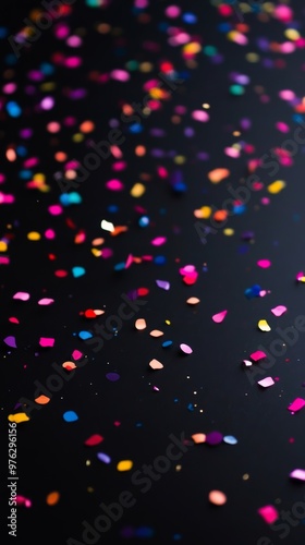 Panoramic view of colorful confetti on a black background, suitable for festive season promotions.