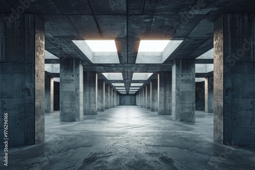 A simple, empty room with concrete columns and skylights