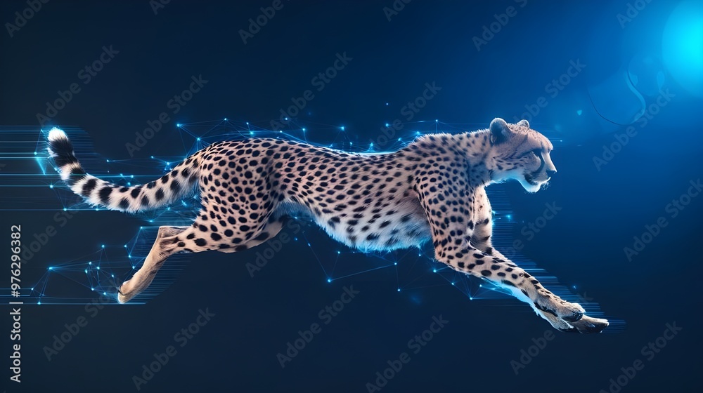 Fototapeta premium Cheetah Running with Blue Abstract Lines