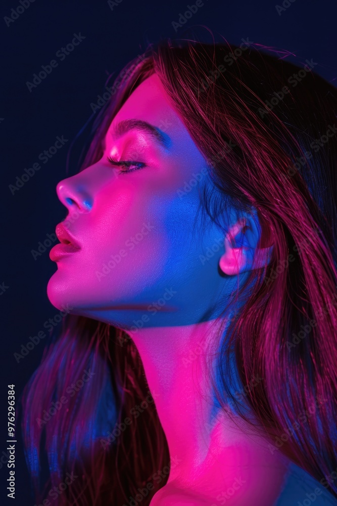 A woman sits with her eyes closed, surrounded by vibrant neon lights A woman sits with her eyes closed, surrounded by vibrant neon lights